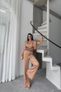 JAKARLI BLUZU TASARIM DETAYLI CEKET-PANTOLON-BLUZ 3 LÜ TAKIM - Bej resmi